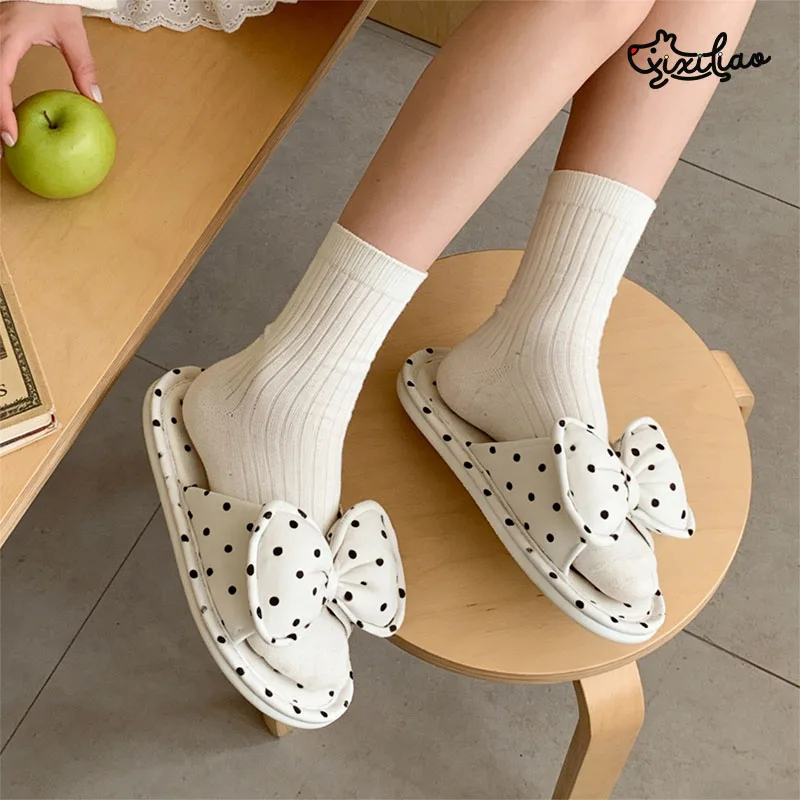 XIXITIAO Indoor Flat Slippers for Women Fashion Casual Cotton Bow Design Bedroom Footwear Ladies Comfortable Home Flip-flops view 3