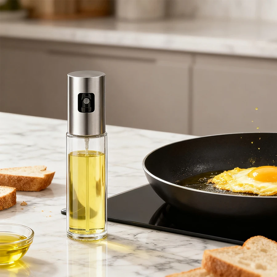 Una botella pulverizadora reutilizable y un recipiente para condimentos, diseñados para controlar el aceite bajo en grasa y rociar de manera uniforme, están fabricados con materiales ergonómicos y son ideales para parr