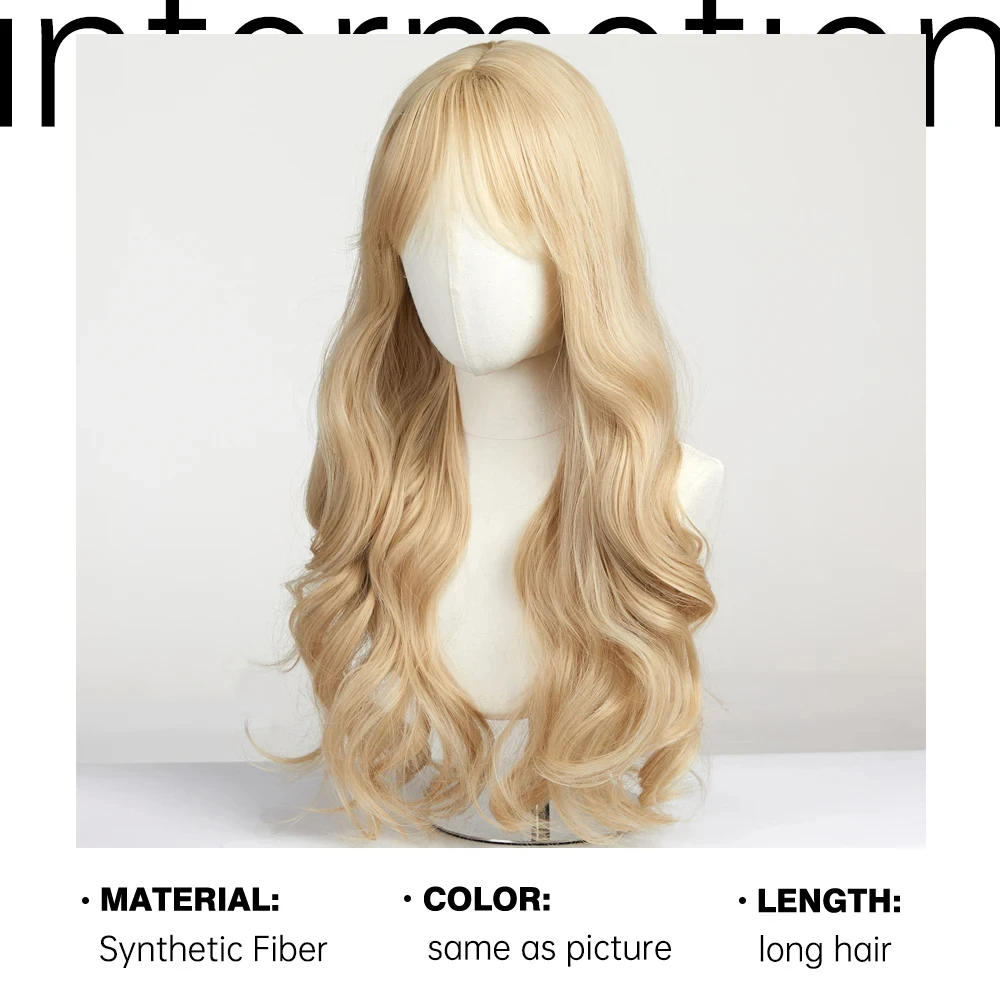 Light Blonde Synthetic wigs Long Wavy hair with Bangs Lolita Cosplay Natural Wigs for Women Party Daily Use Heat Resistant Fiber