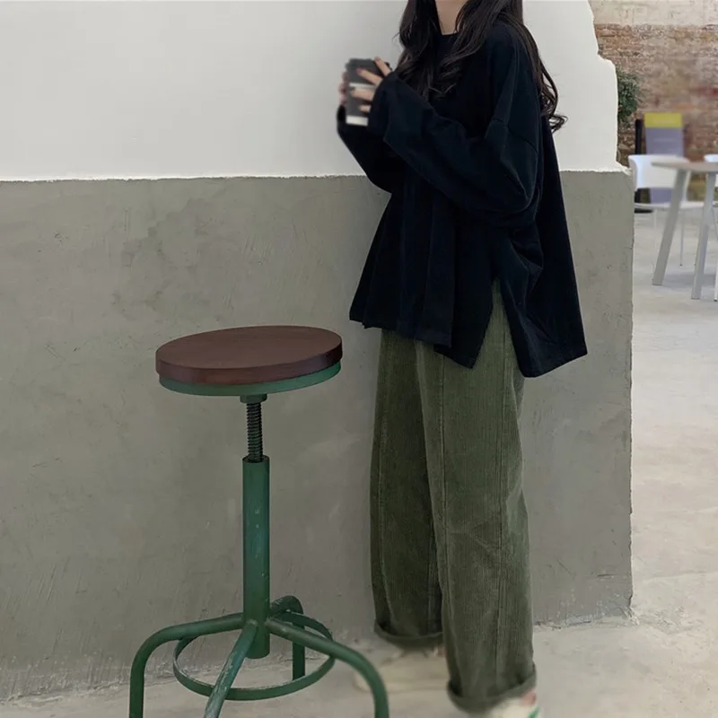 Women T-shirt Slit Loose Oversize Tees Solid Round Neck Simple Dress  Fashion Ladies  Casual Autumn  Long Sleeve Basic Tops