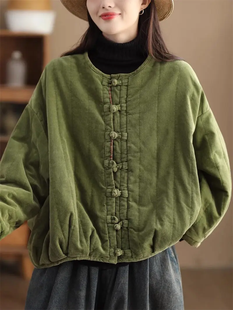 Warm Quilted Corduroy Jacket for Women, Thickened Vintage Coat with Traditional Chinese Frog Buttons, Winter Spring Outerwear