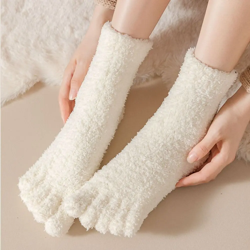 

Solid Color Thickened Warm Five Toe Fleece Socks Mid Tube Winter Five Toe Plush Socks Hosiery Simple Floor Socks Women Autumn