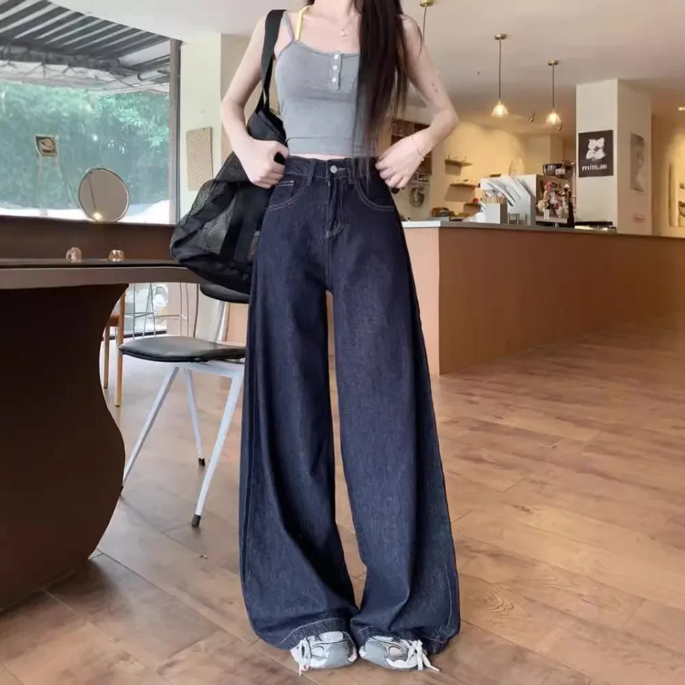 2024 Autumn New High-Waisted Deep-Color Denim Trousers For Women Slimming Versatile Wide-Leg Drag-Bottom Pants Sensibility Desig