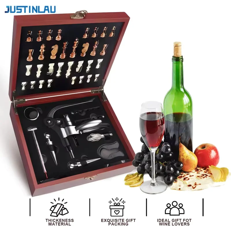 JUSTINLAU Wine Opener Multifunctional Red Wine Corkscrew Set Rabbit Head Bottle Opener Chess Board Gift Box Set Bar Tools