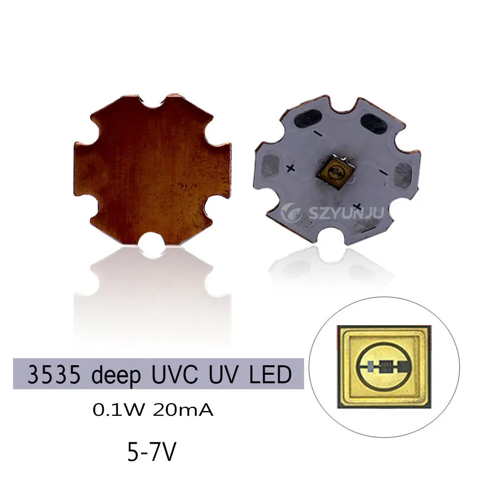 

3535 0,1 Вт UVC УФ-светодиод 265 нм 275 нм 310 нм Темно-фиолетовый ультрафиолетовый свет 5 В-7 В с медной печатной платой 20 мм