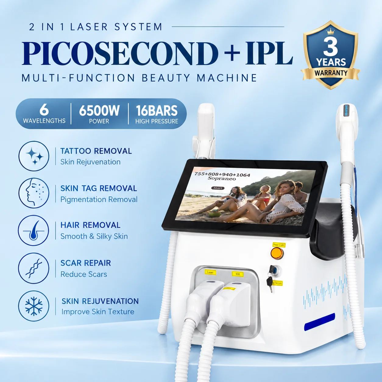 Desktop Black & White 2‑in‑1 Premium Machine, Effective Diode Hair Removal Picosecond Tattoo Removal Beauty Equipment