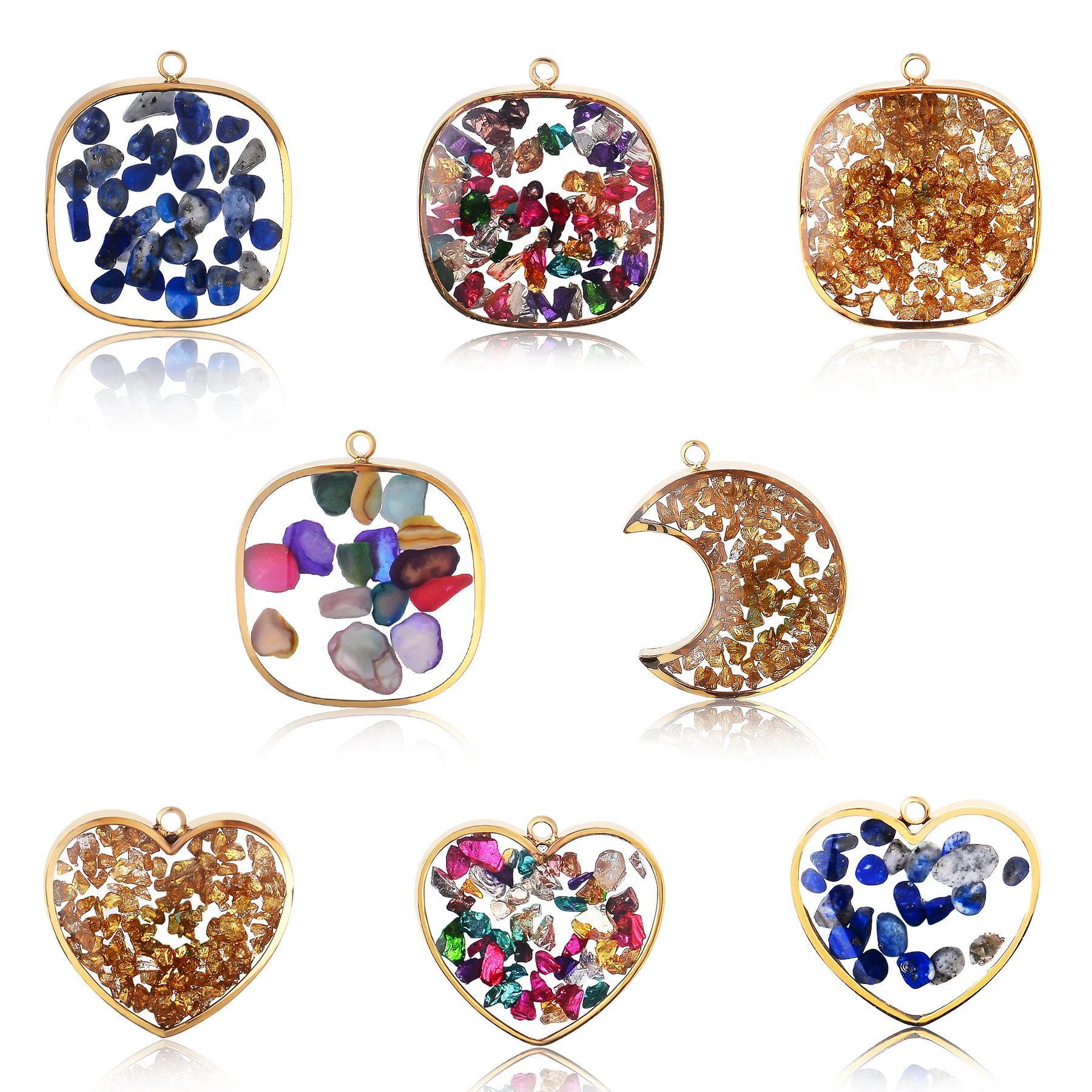 

10 шт., оптовая продажа, красочный гравийный кулон из нержавеющей стали, сердце, луна, квадратный шарм, аксессуары для изготовления ювелирных изделий ручной работы, ожерелье
