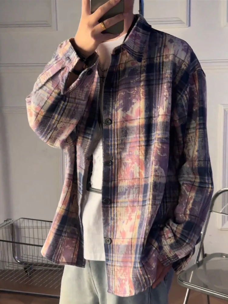 Vintage Purple Tie Dye Plaid Men's Long Sleeve Shirt Spring American Retro Couple Outerwear Loose Fit Breathable Casual Shirt