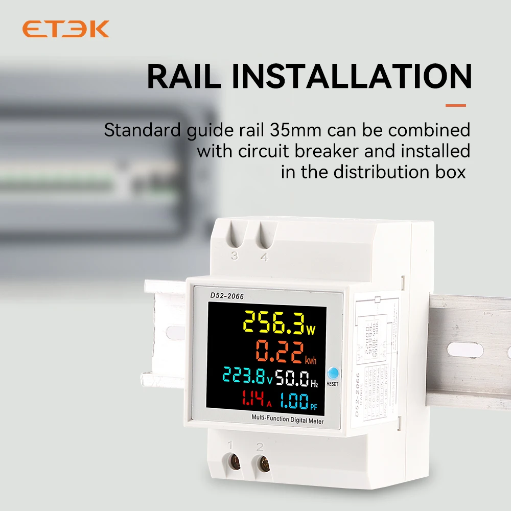 ETEK 6in1 DIN-Schiene AC-Monitor 110V 220V 380V 100A Spannung Strom Leistungsfaktor Aktiv KWH Elektrische Energie Frequenzmesser EKD52