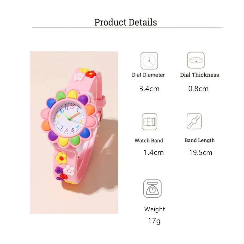 Cute Sweet Colored Flower Cartoon Watch, Pink Silicone Tape Quartz Cartoon Schoolgirl Watches Kid's Quartz Wristwatches