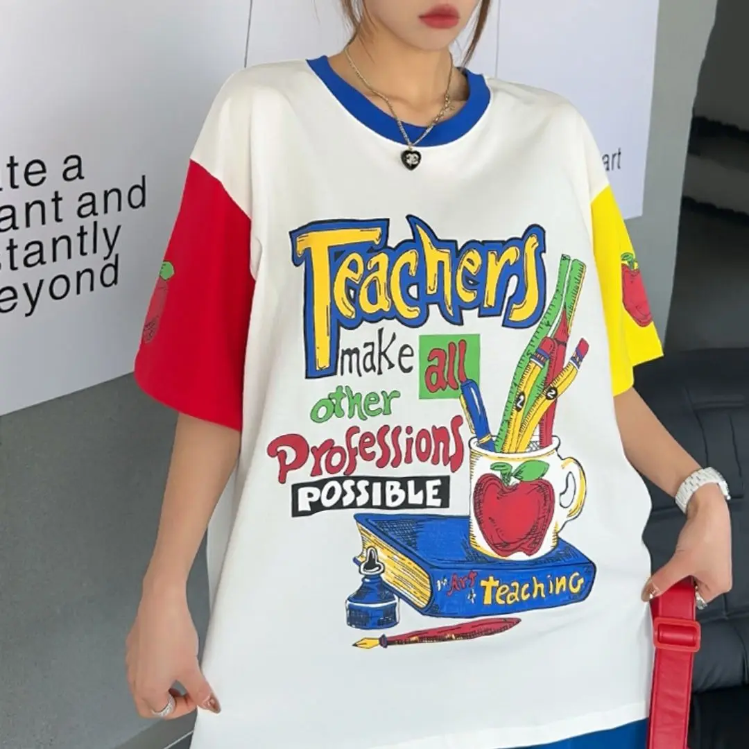 

Модная круглая футболка Ne ort Sve из чистого хлопка с принтом, цветная блузка в американском стиле ретро, женский летний удобный топ свободного покроя