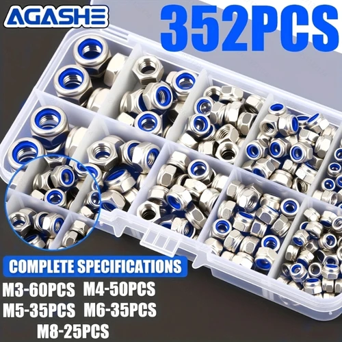 Juego de tuercas de M3-M8 de acero inoxidable Grado A de 352 piezas con piezas antiaflojamiento de nailon, diseño antiaflojamiento de diente derecho, transparente s