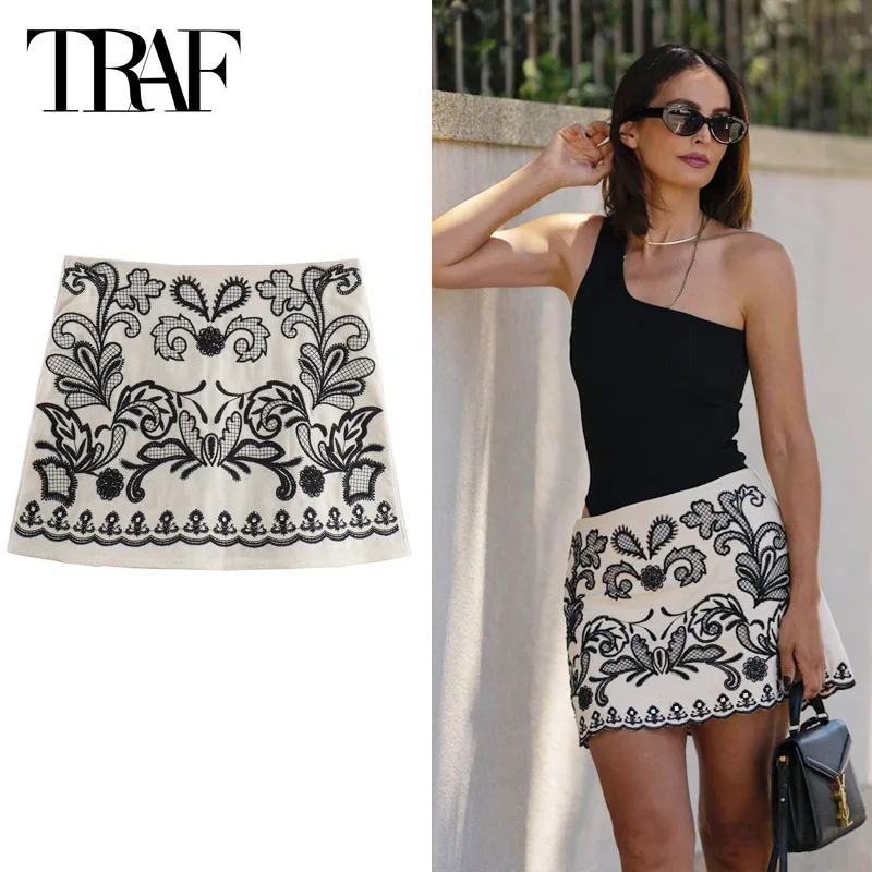 

TRAF Women's Skirt Summer 2024 Mini Embroidered Skirts Linen Blended High Waist Aesthetic Skirts New In Skirt Elegant Lady Skirt