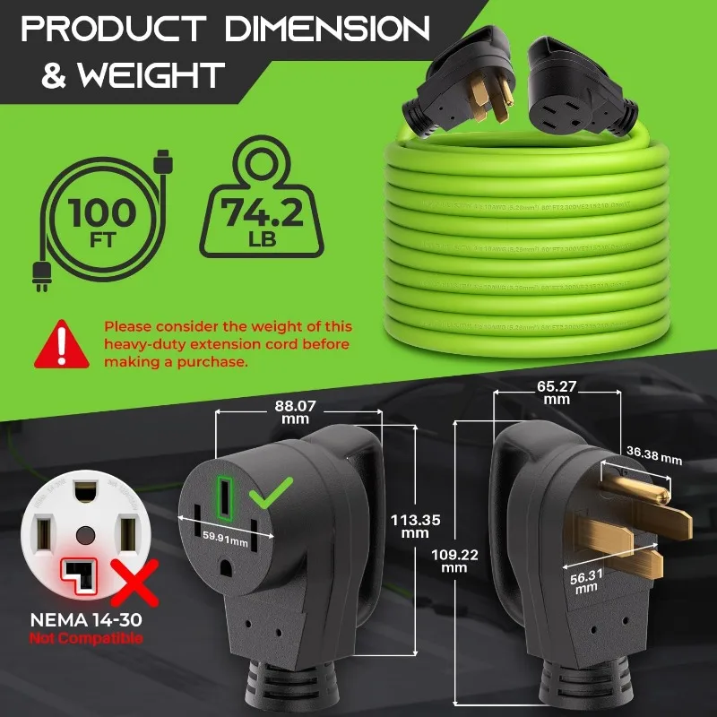 RV 및 EV 익스텐션 코드, 테슬라 모델 3, S, X, Y, 100 피트, 4 프롱, 250 볼트, 50 Amp