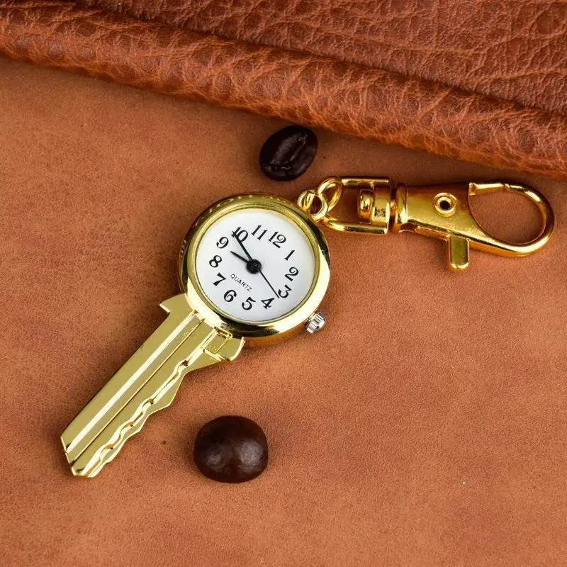 Mini Golden Key Shaped Quartz Watch With Keychain Clear Dial Perfect For Daily Use Bag Pendant Creative Gift