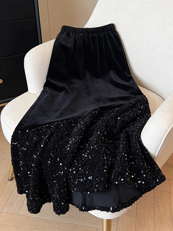 

Женская юбка больших размеров с высокой талией, утягивающая, средней длины, с пайетками, повседневный стиль, А-силуэт, из блестящей ткани с яркими нитями, весна 202...