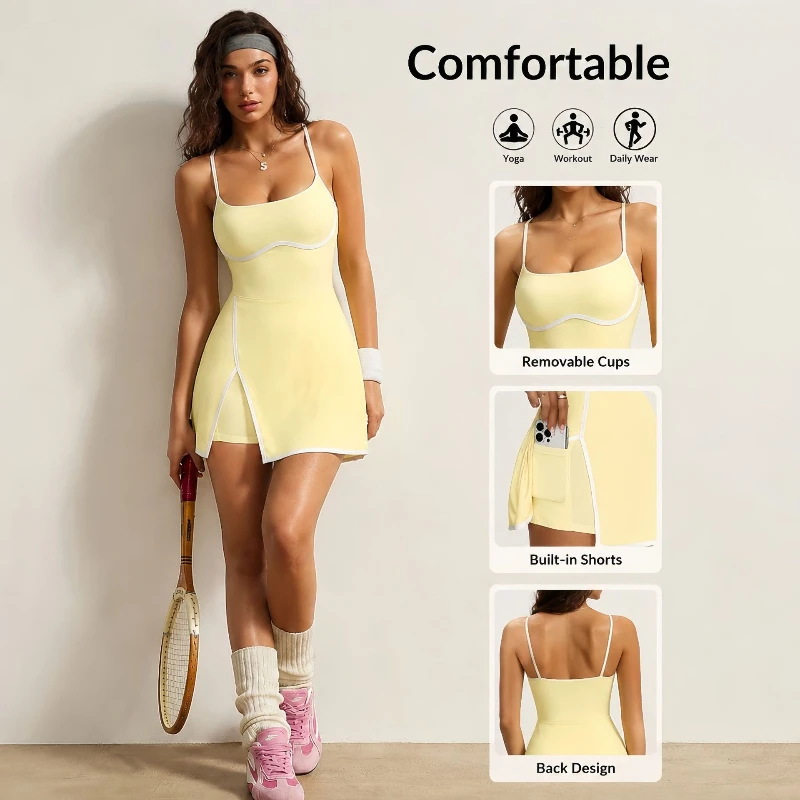 Gutashye Women Sling Yoga One Piece Dress Built-in Bra Tennis Fitness Skirt Outdoor Sports Training Casual Athletic Activewear