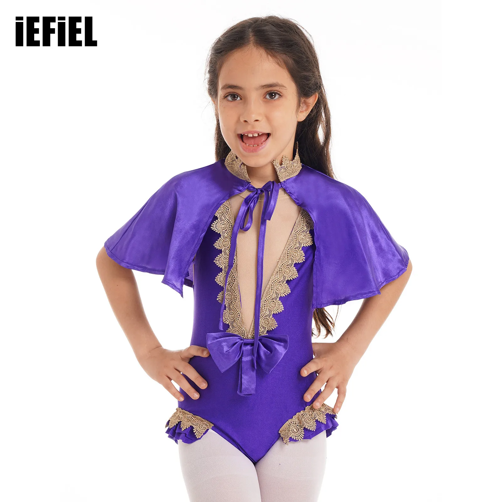 Kids Girls Keyhole Back Mesh Patchwork Set Show Costume Sleeveless Gold Braid Trimming Leotard Bodysuit with Cloak Set