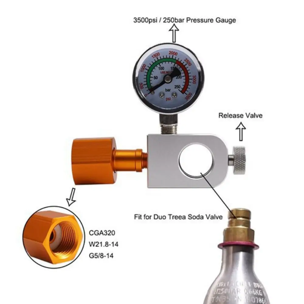 CGA320/W21.8 CO2 Refilling Adapter with 3500Psi Pressure Gauge Charging Valve Soda Bottle Inflator Connector Replacement