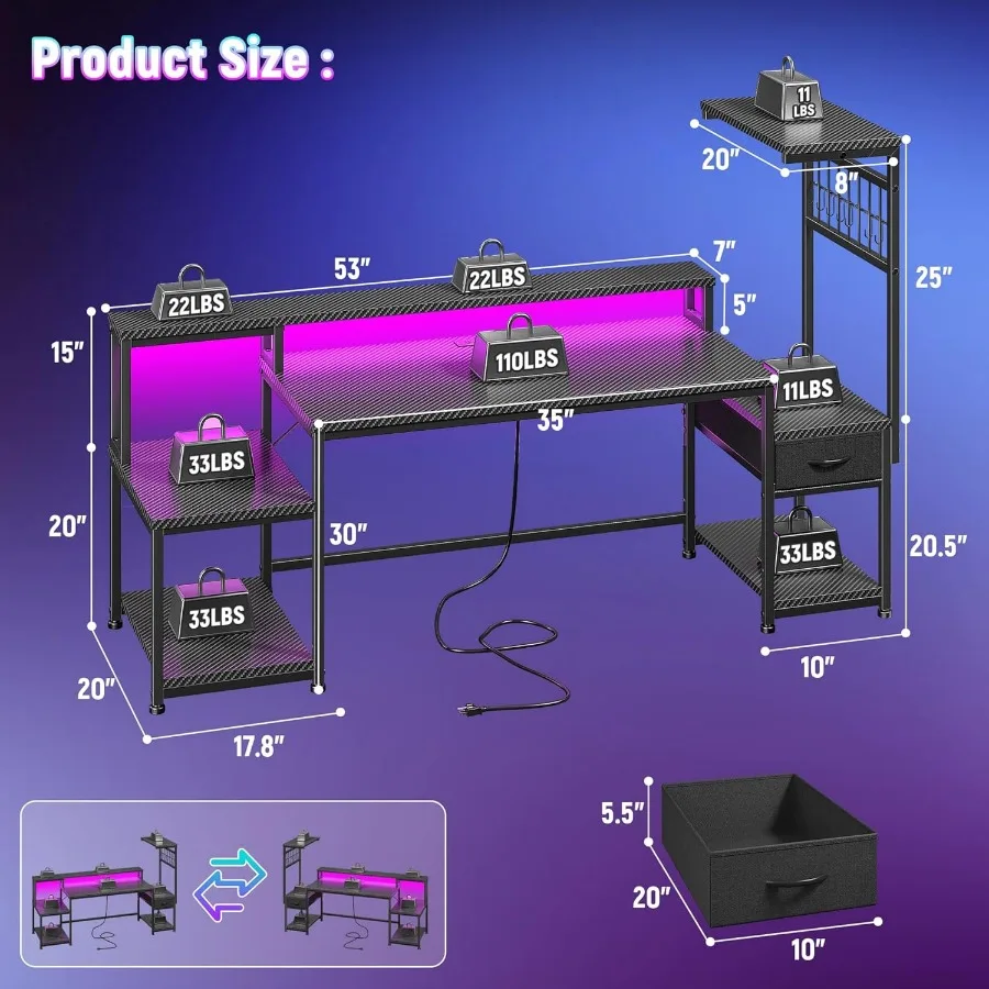 63 مكتب ألعاب مزود بمصابيح LED مدمجة ومنافذ كهربائية مدمجة ومكتب كمبيوتر يتميز بحامل شاشة تخزين للأدراج #3