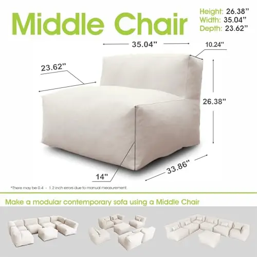 Outdoor Bean Bag Chair, Foam Filled Modular Patio Sofa Middle Seat | Water-Resistant Olefin Fabric, TPU Coating