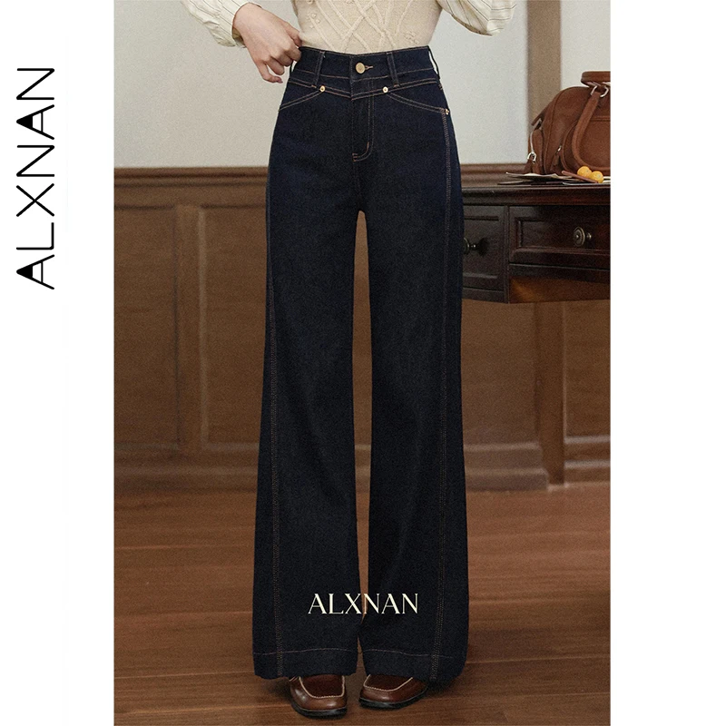 

ALXNAN винтажные темно-синие джинсы с высокой талией и широкими штанинами, прямые женские джинсовые джинсы, осень 202, хлопковые повседневные мешковатые брюки L57051