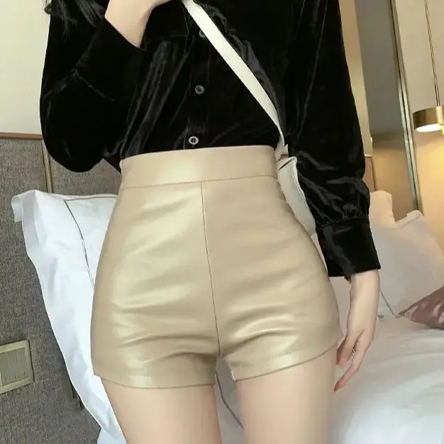 Leather Pants Fashionable High-Waist Slimming Pu Leather Shorts For Women Casual A- Line Fall Winter Boot Pants Underneath