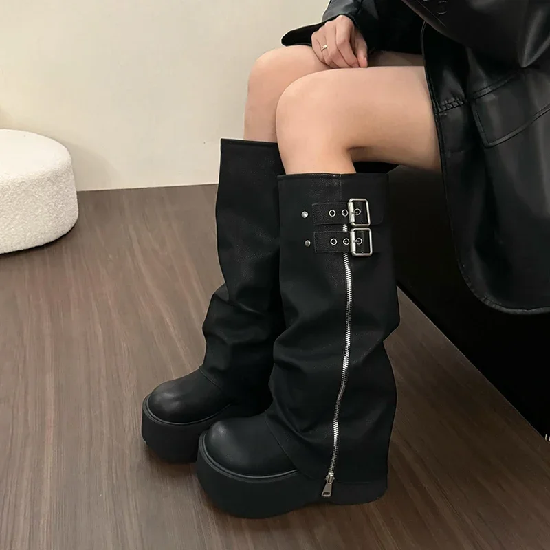 Chunky Women Knight High Boots Fashion Platform Flats Trouser Long Booties Autumn Winter Female Western Cowboy Shoes