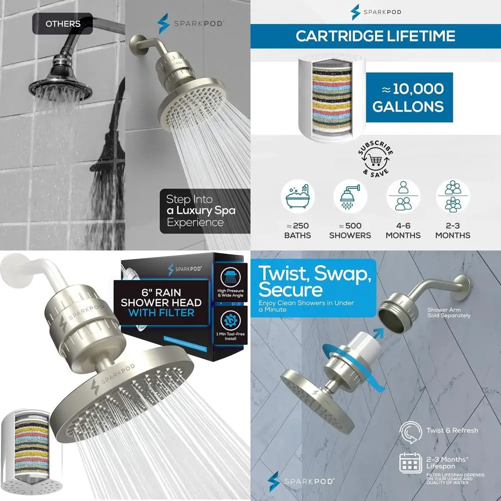 

Premium 23-Stage Shower Filter Set - Reduces Chlorine and Metals, High-Pressure 6 Round Head in Brushed Nickel