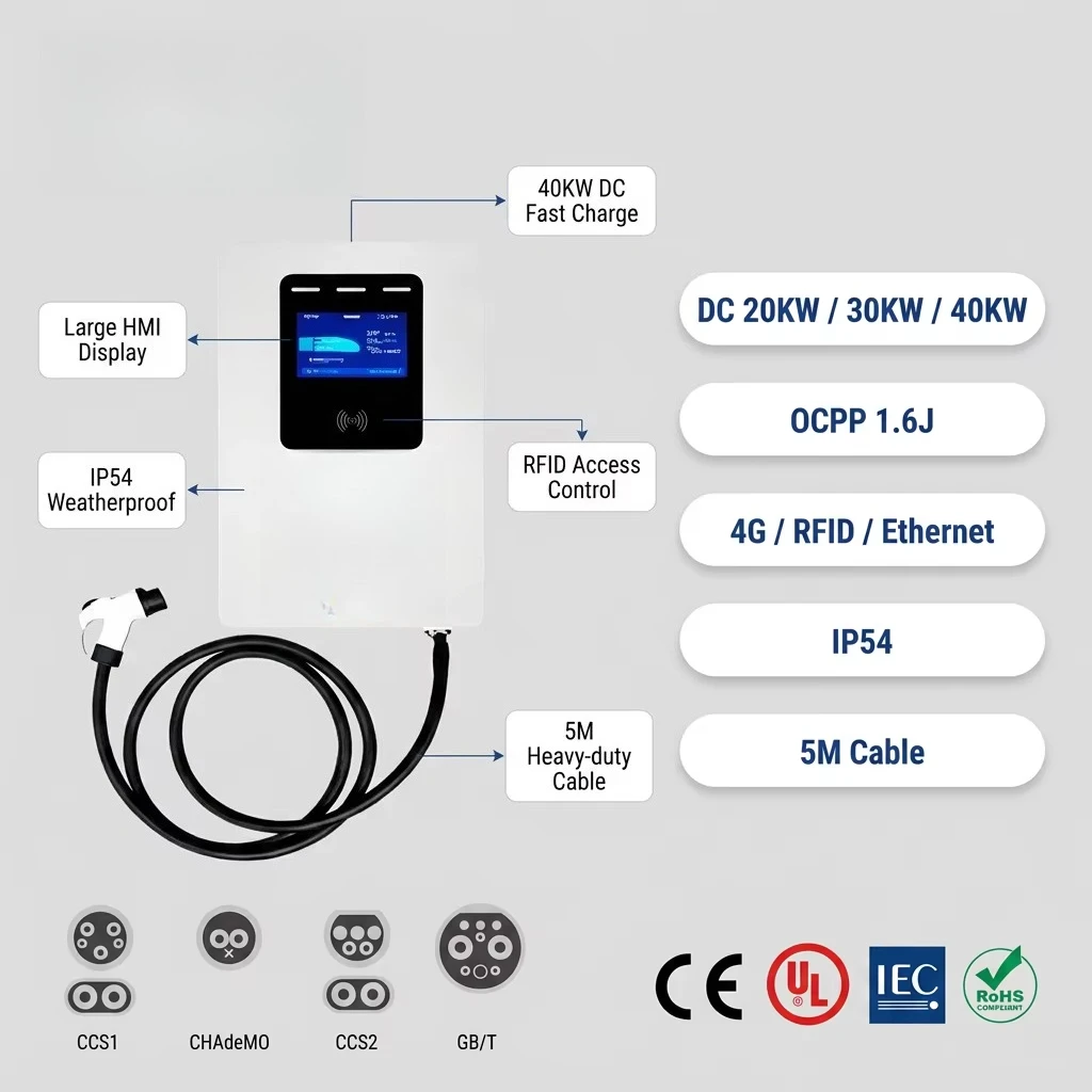20KW 30KW 40KW Wall Mount DC Level 3 EV Charger CCS1 CCS2 CHADEMO GBT OCPP 1.6J 4G RFID IP54 380V Car Charging Station