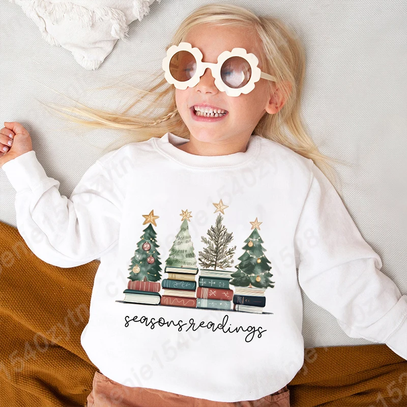 Christmas Trees & Books Seasons Reading Sweatshirt Children Girls Autumn Winter Tops Casual Sports Crew Neck Hoodeless Pullovers