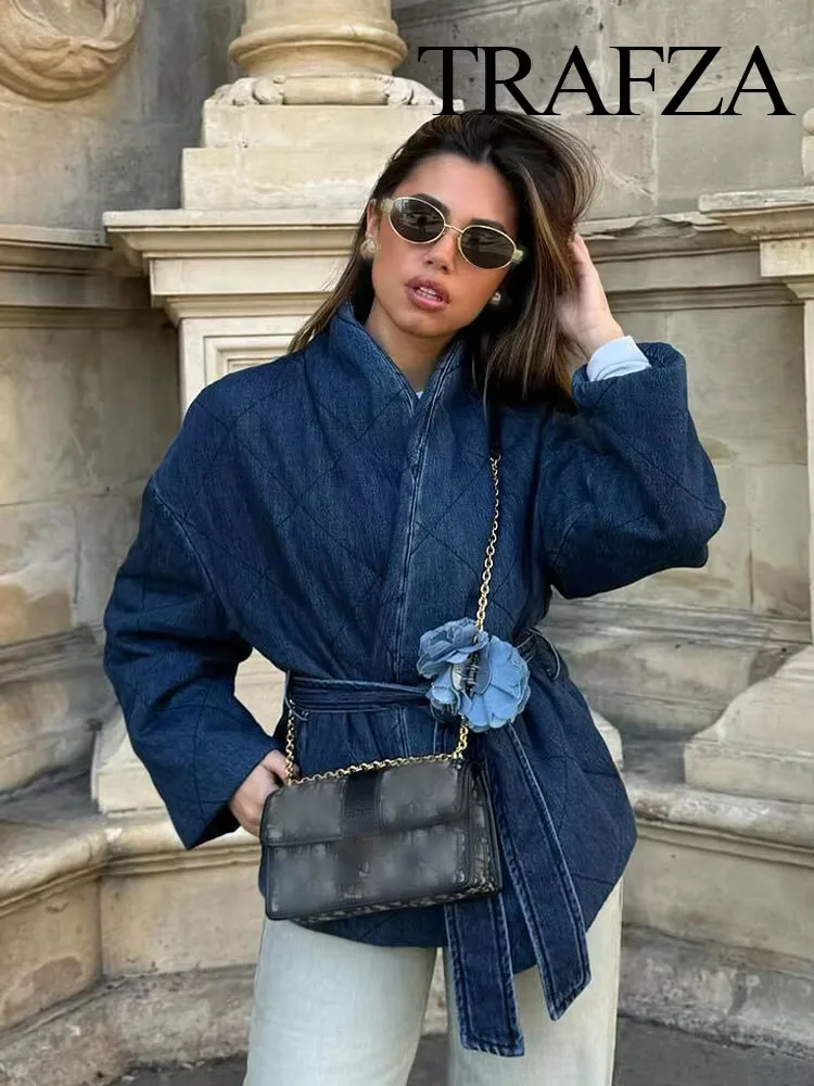 TRAFZA Spring Fashion Women Jackets Denim Blue V-Neck Long Sleeve Belt Decorate Cardigan Female Chic Streetwear Style Coats