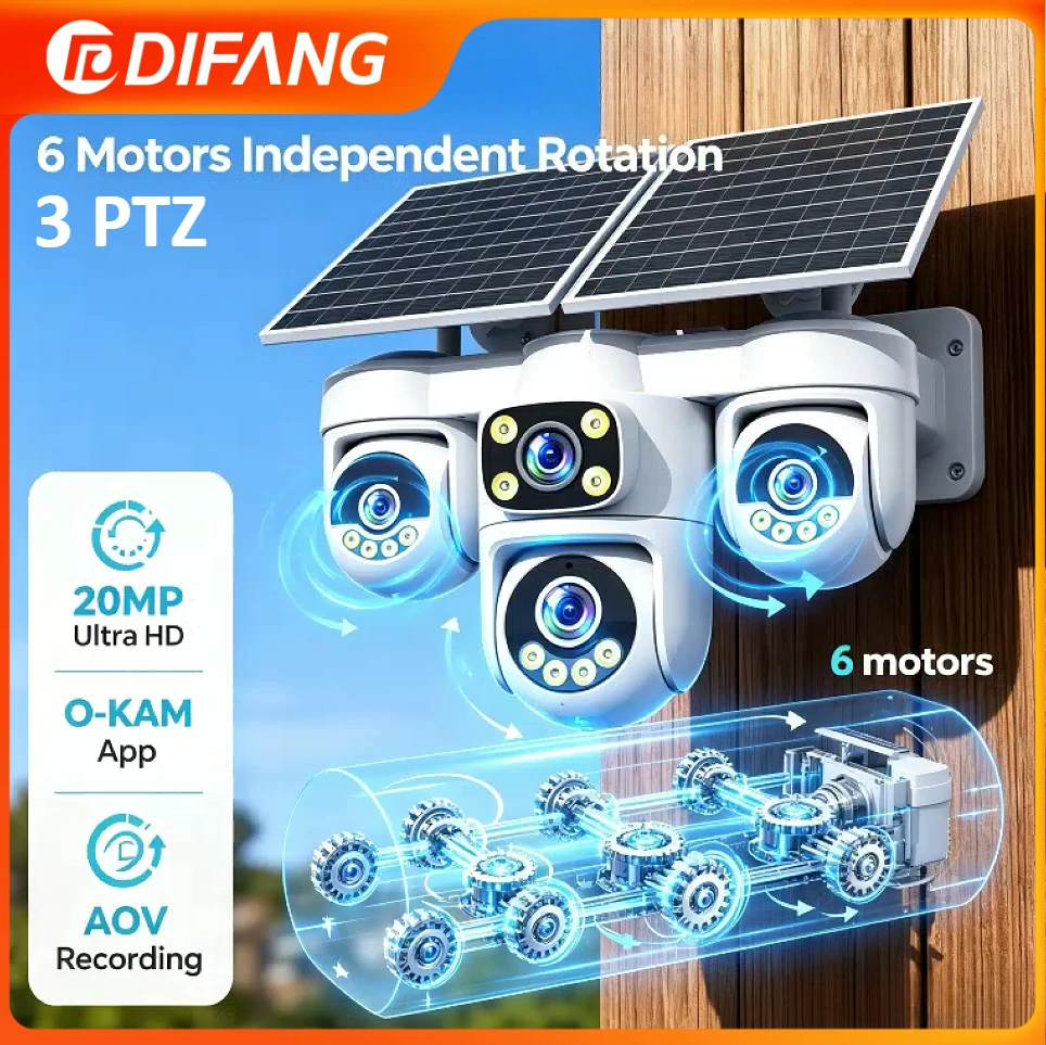20MP AOV 4 Lens 4 Screens Solar 4G PTZ Security Camera 12000mAh Battery 360° Full Rotation Wireless 24/7 Monitoring Alarm