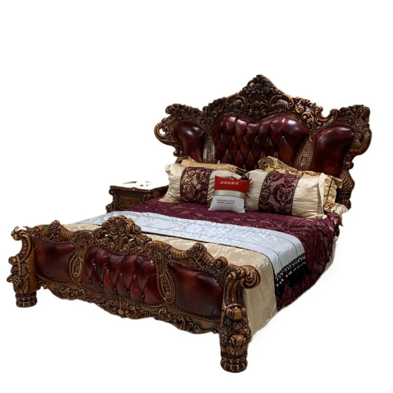 

European top-layer leather solid wood carved 1.8 meters American double wedding luxury villa 2 meters bed