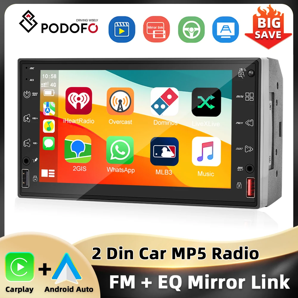 Podofo 7 ''Touch Screen Car Radio Carplay Android Car MP5 Player 2Din 4*100W FM AM RDS Mirror Link Fast Charging DSP Car Audio