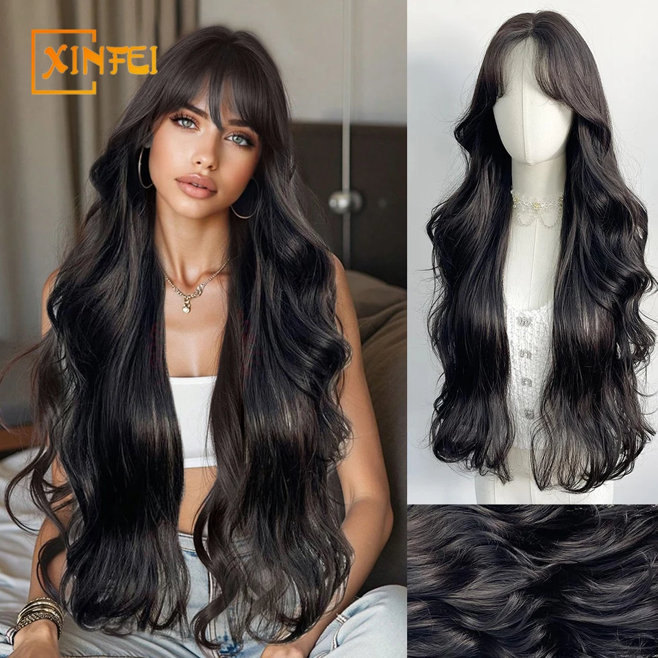 

XINFEI Brown Black Synthetic Wigs Long Body Wavy Wig Natural Hairline Daily Hair Heat Resistant Fiber Smooth Party Cosplay Wig