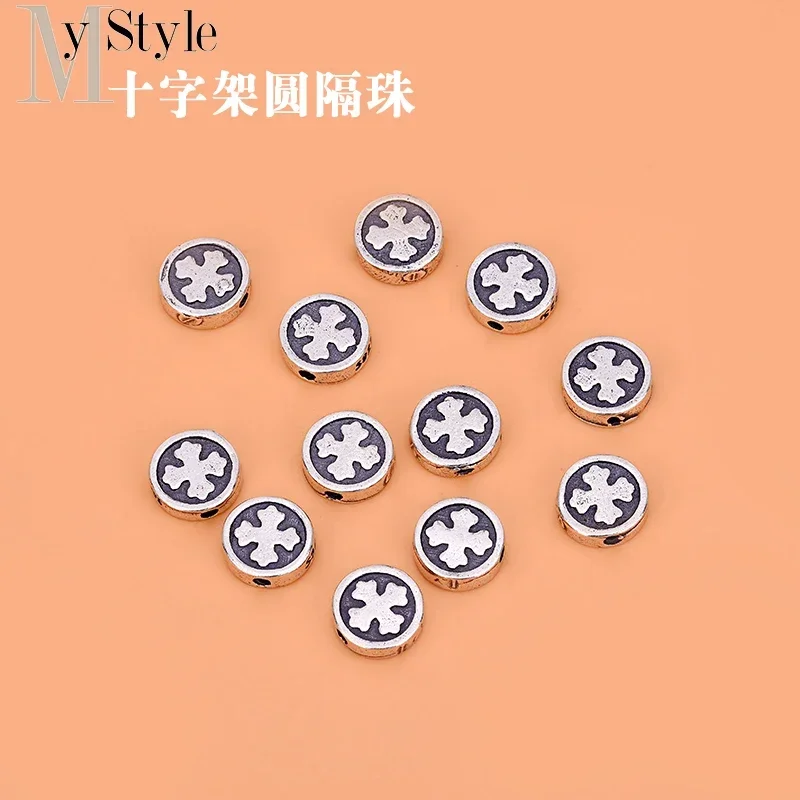 S925 Sterling Silver Antique Thai silver cross round separated bead flat bead handmade jewelry DIY accessories material bag