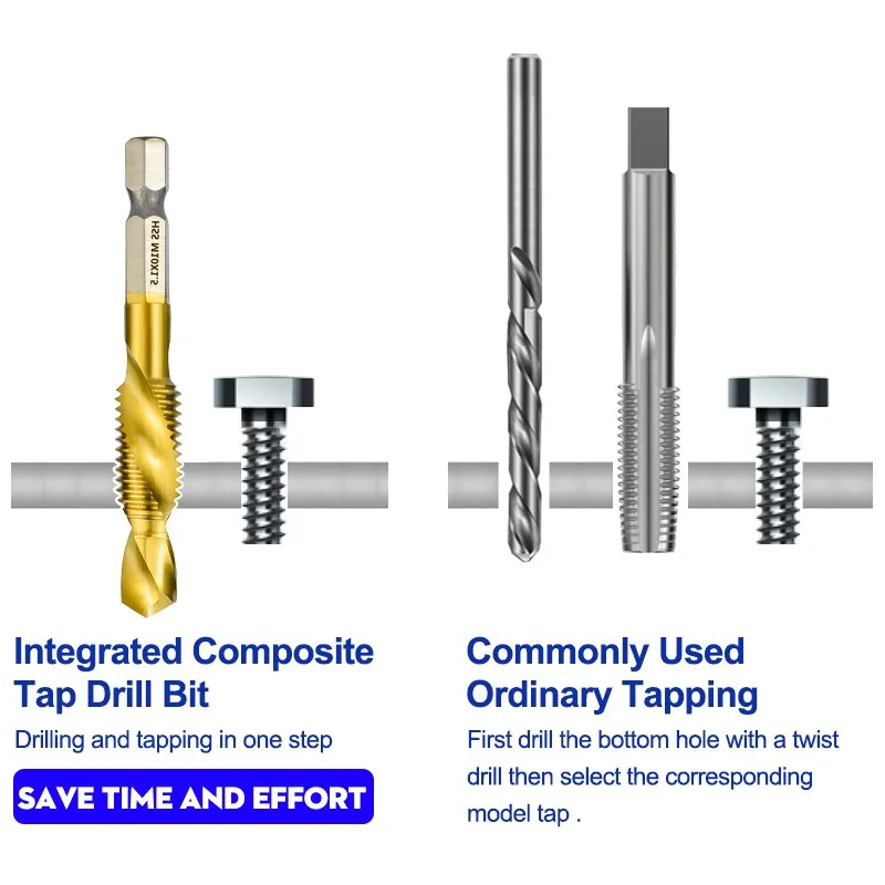 XCAN Taps Combined Tap and Drill Set HSS Hex Shank Metric Tap Machine Plug Tap Thread Tap Drill Hand Tools M3 M4 M5 M6 M8 10 M12