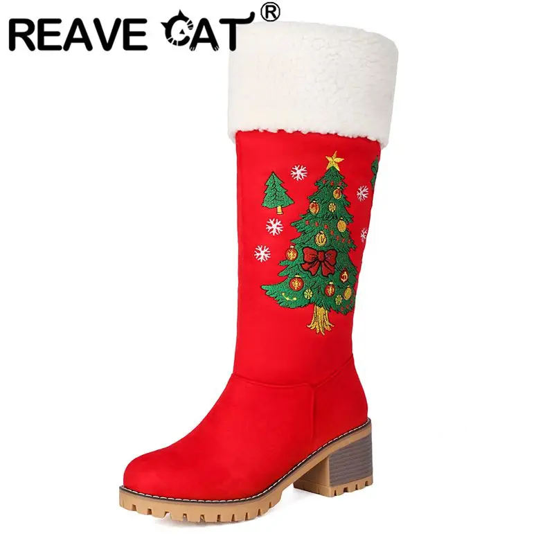 

REAVE CAT Red Women Mid Calf Boots Flock Suede Round Toe 5.5cm Chunky Heels Zipper Christmas Party Snow Botas Big Size 42 43 44