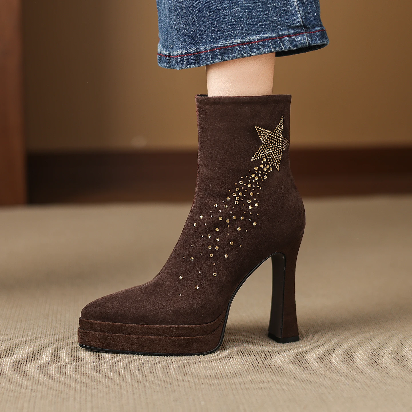 

Handmade Genuine Leather Ankle boots Pointed Toe Rhinestone Glitter Platform High Heels Side Zipper Elegant Pumps