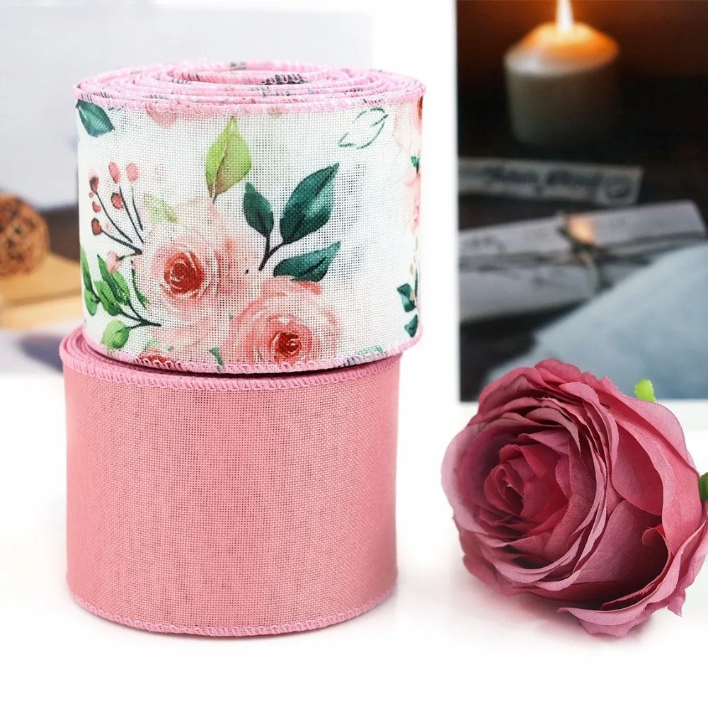 

New Metal Wire Edge Floral Ribbon 2.5 Inch x 5 Yards Pink Flower Ribbon Rose Printed Spring Decor Ribbons for Wreath Crafts