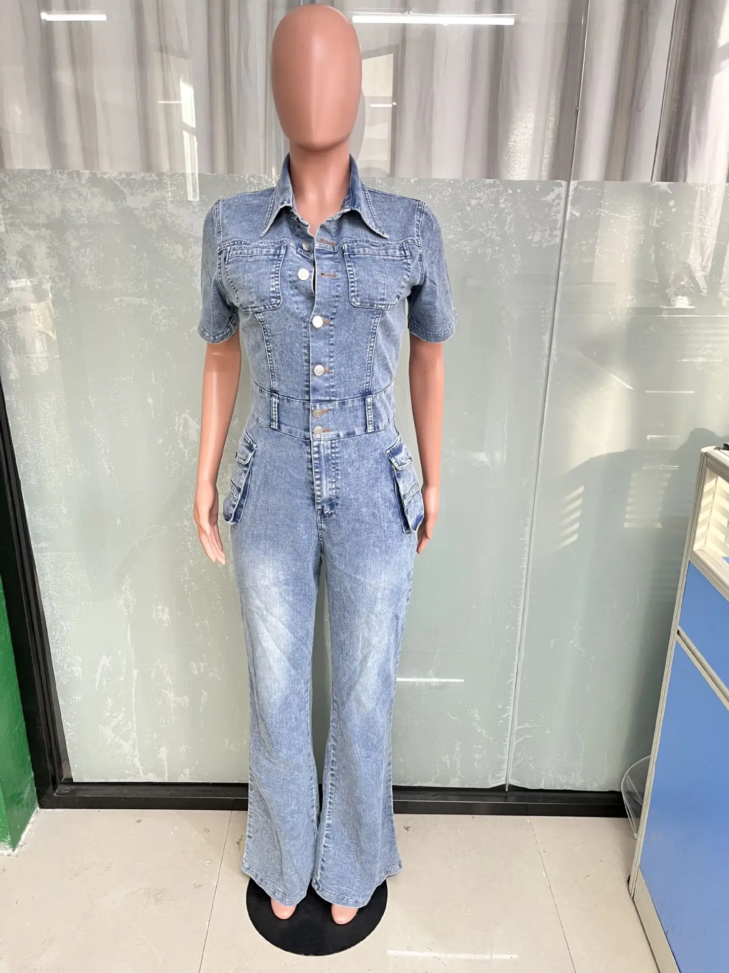 Barboteuse en Denim ร Manches Courtes pour Femme, Pantalon Confortable et ร la Mode, Couleur Unie, Nouvelle Collection รtรฉ 2024