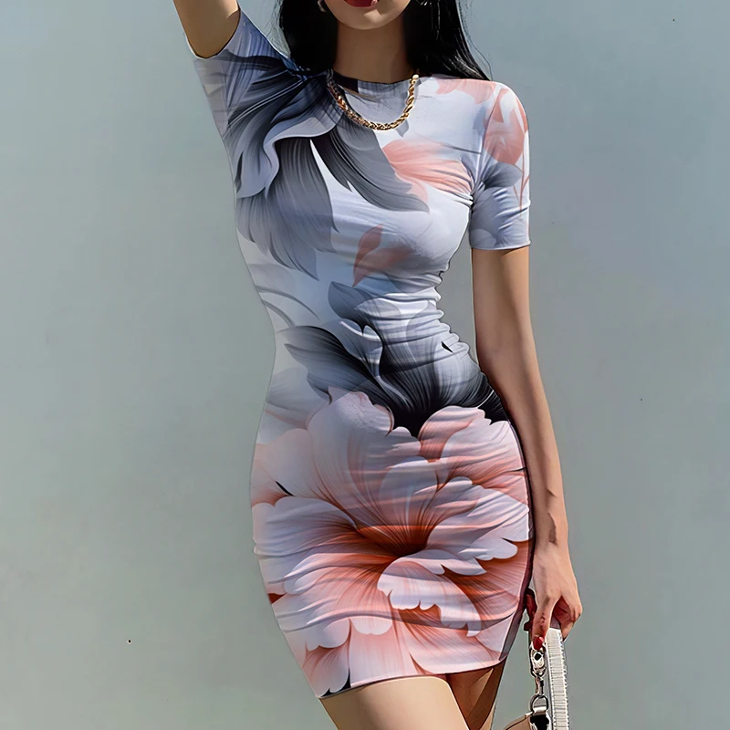 Summer new lady slim dress flower 3D printed lady dress beautiful style ladies slim dress fashion trend lady slim dress