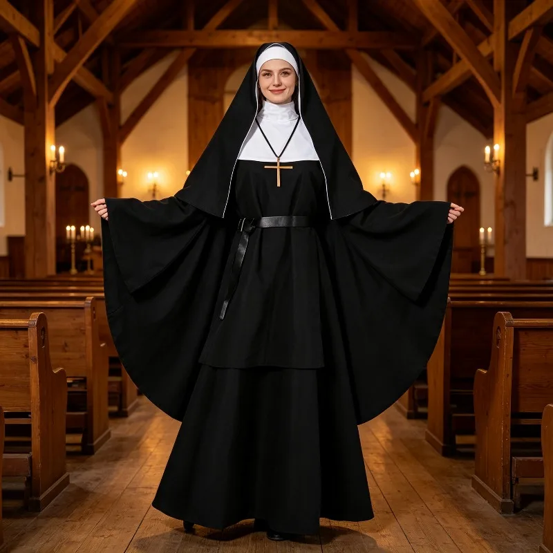 Adult Novelty Party Horror Nun Suit Creative Stage Performance Suit Ladies Dress Up Accessories Suit Halloween Nun Cosplay Suit