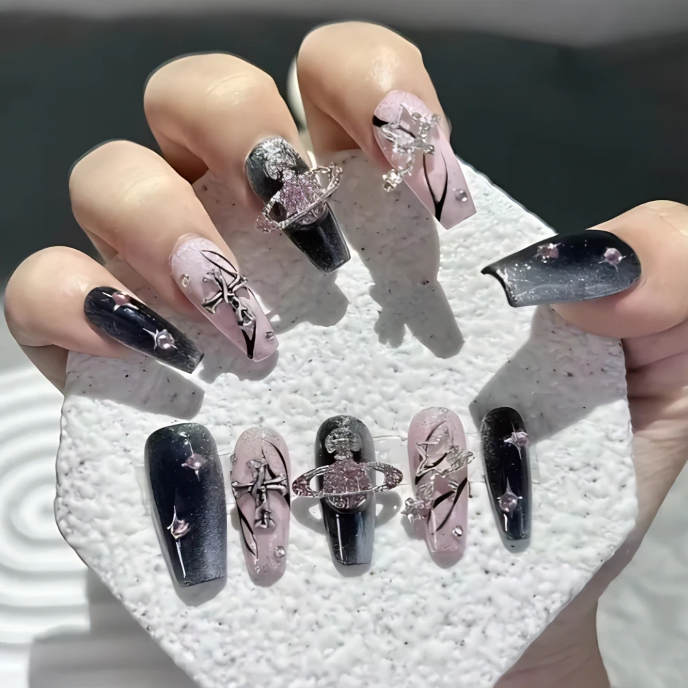 

Y2K Handmade Acrylic Press On Nails Art 10PC Pink Diamond Surrounding Planet Flame Design Fake Nail Full Cover False Nails Tips