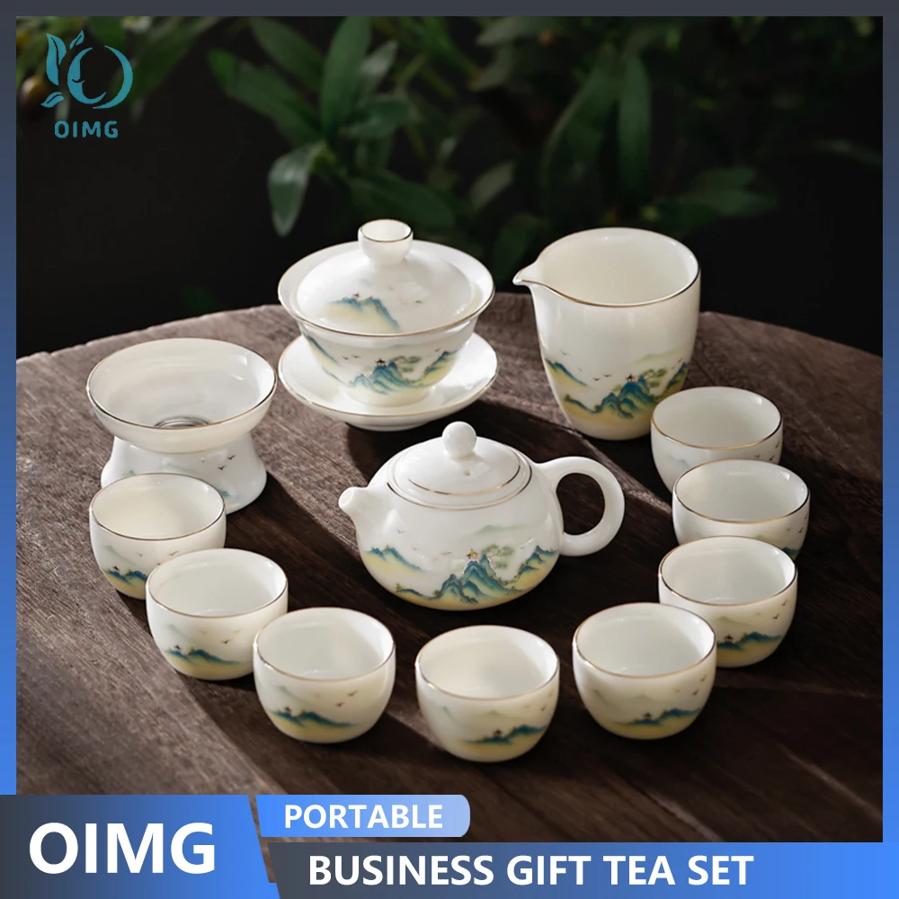 

Kung Fu Tea Set Jade Porcelain Gift Box Business Gift Portable for 6 People