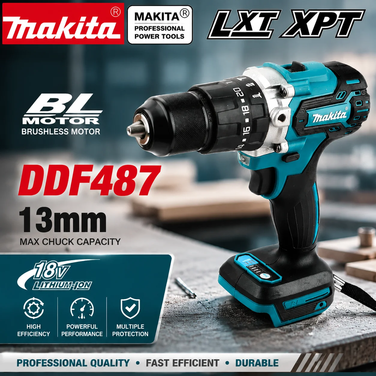 Perceuse sans fil Makita DDF487 18V Lithium-Ion sans balais, capacité de mandrin max. 13 mm, moteur BL, outil électrique professionnel haute performance, construction durable