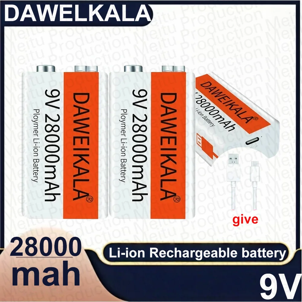 2025 9V Battery 28000mAh Li-ion Rechargeable Battery Type-C Battery 9V for Multimeter Microphone Toy Remote Control KTV Use
