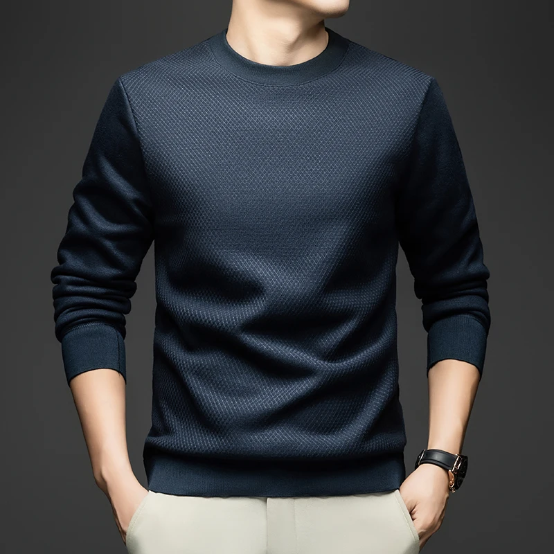 2025 T-shirt a maniche lunghe tinta unita girocollo da uomo casual, camicia base lavorata a maglia sottile da uomo trendy e semplice