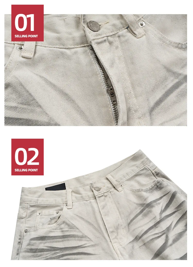 MIJKO جينز للرجال والنساء سروال ريترو طباعة شارع العليا غسل أبيض رمادي هول جينز S - XXL 2025ss #4